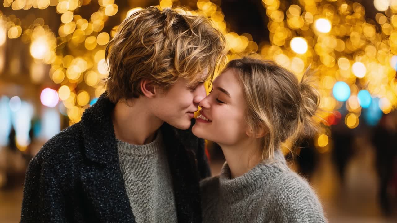 A Romantic Moment Captured: A Young Couple Sharing a Tender Kiss Amidst a Beautifully Lit Background of Golden Bokeh Lights, Embracing Love and Connection