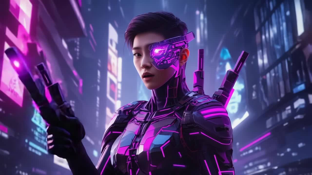 Cyberpunk Woman with Glowing Enhancements in a Neon City