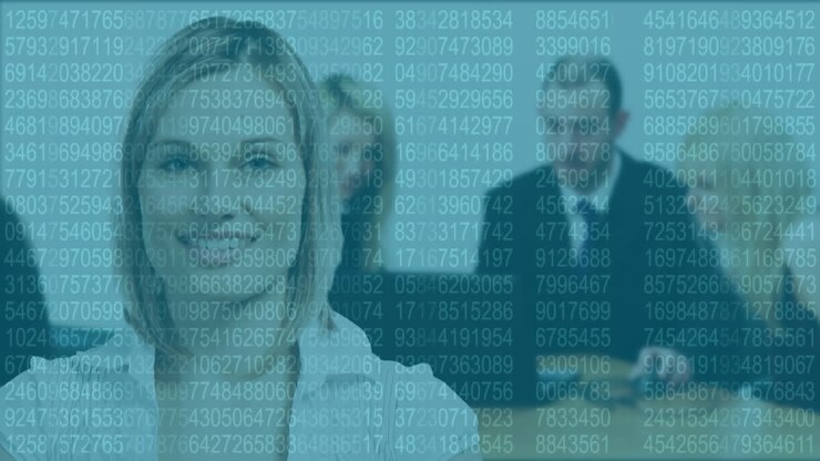 Binary coding data processing over portrait of caucasian businesswoman smiling at office