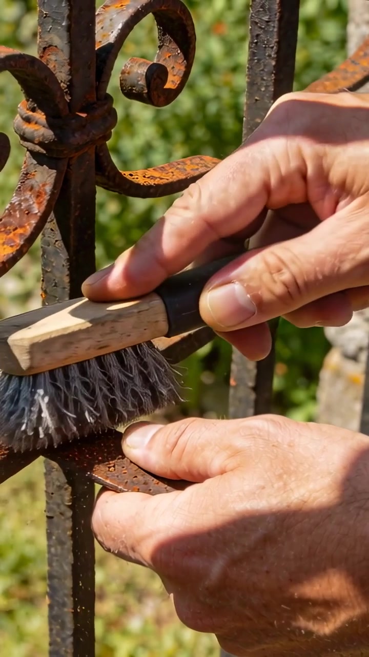 Vertical video: Bringing wire brush down adult hands scrubbing iron fence in garden removing rust