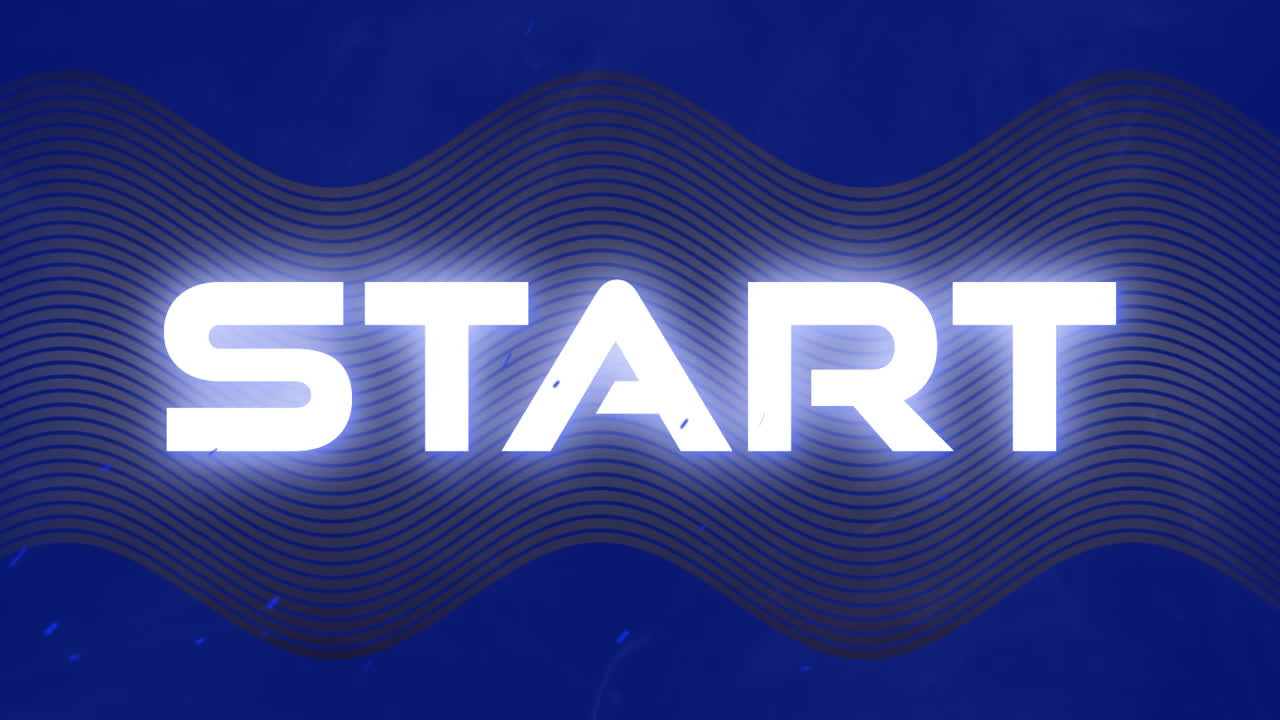 animación del comienzo del texto blanco, sobre líneas onduladas grises sobre fondo azul