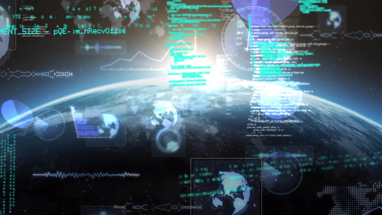 Sunburst peeking over Earth horizon starting code streaming and icon fading into charts for UI