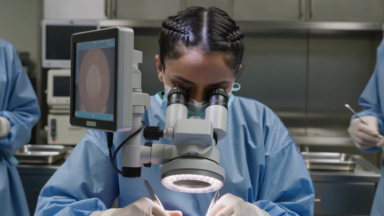 Microscope lighting starting, surgeon in blue gown manipulating instruments in OR repairing tissue