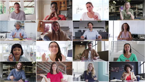 equipo de colegas de trabajo mostrados en pantallas hablando en videollamada utilizando dispositivos electrónicos