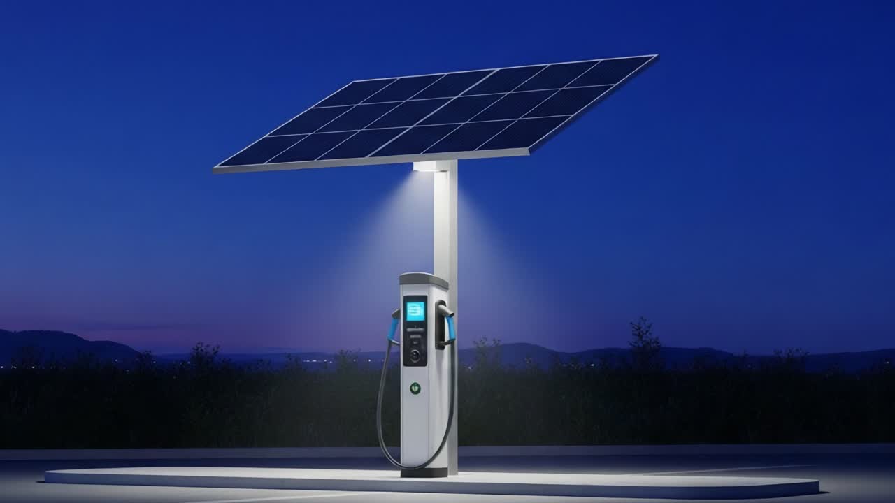 Innovative Solar-Powered Charging Station Illuminating Eco-Friendly Technologies for Electric Vehicles in a Serene Night Setting