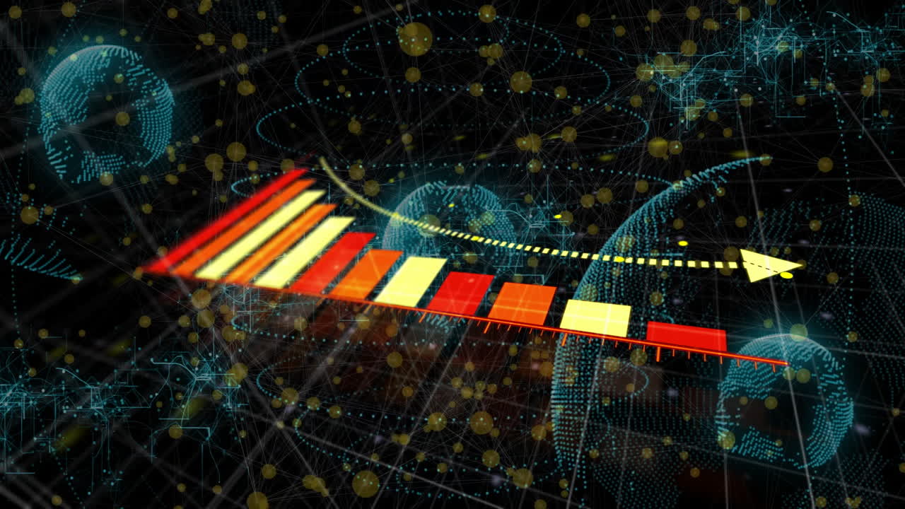 Colorful bar graph animation over digital network with glowing connections