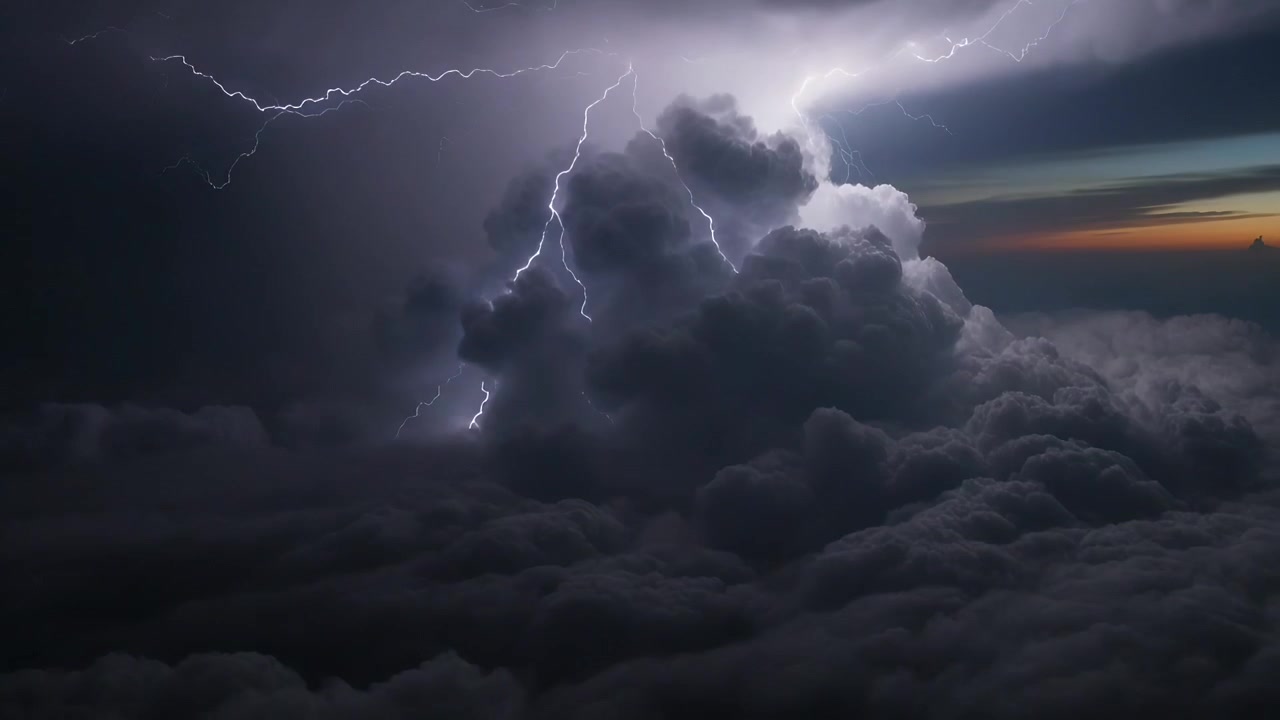 Nuvola temporalesca lampeggiante che reagisce a scariche interne sopra uno strato di nuvole più basso al tramonto, con orizzonte arancione.