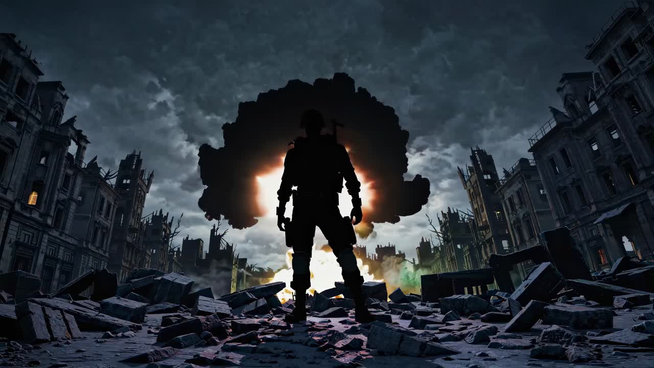 Silhouette of a soldier in a post-apocalyptic cityscape, with a dramatic low-angle view of a nuclear