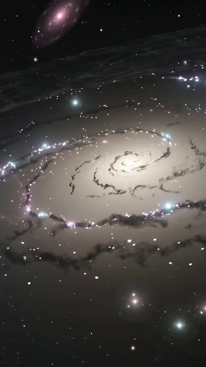 Video verticale: Telecamera rotante che inquadra una galassia a spirale nello spazio, mostrando polvere e una galassia magenta.