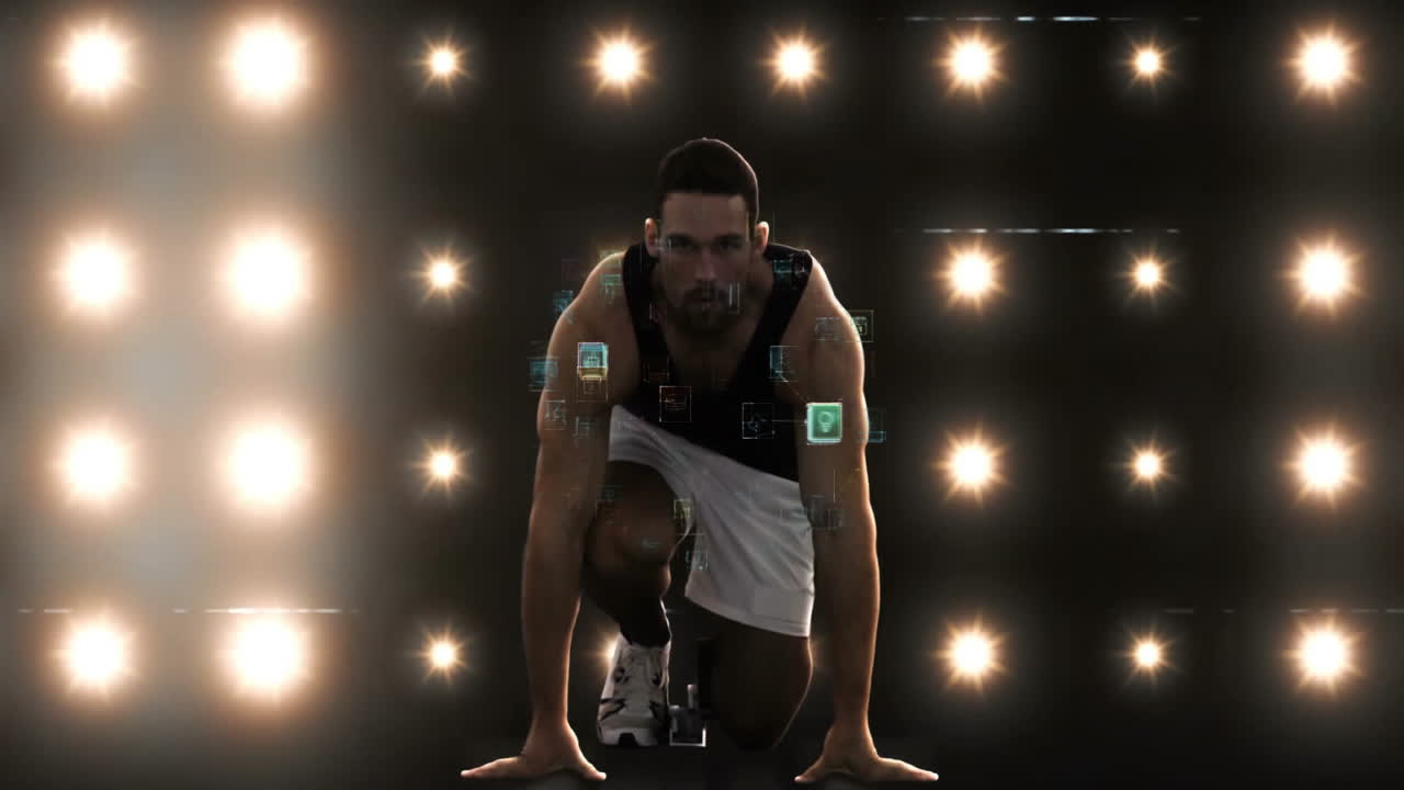 Preparing to sprint, athlete surrounded by digital animation icons in bright setting
