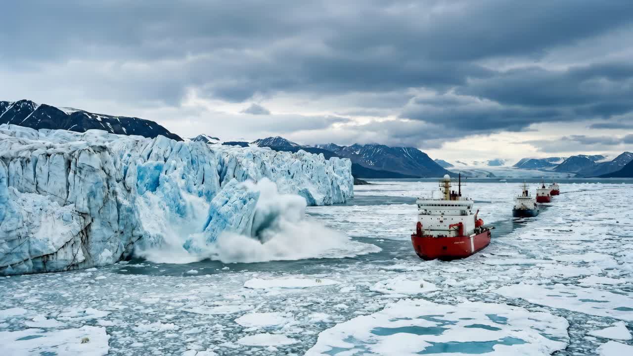 Vista aérea de un glaciar desprendiéndose con barcos en aguas árticas