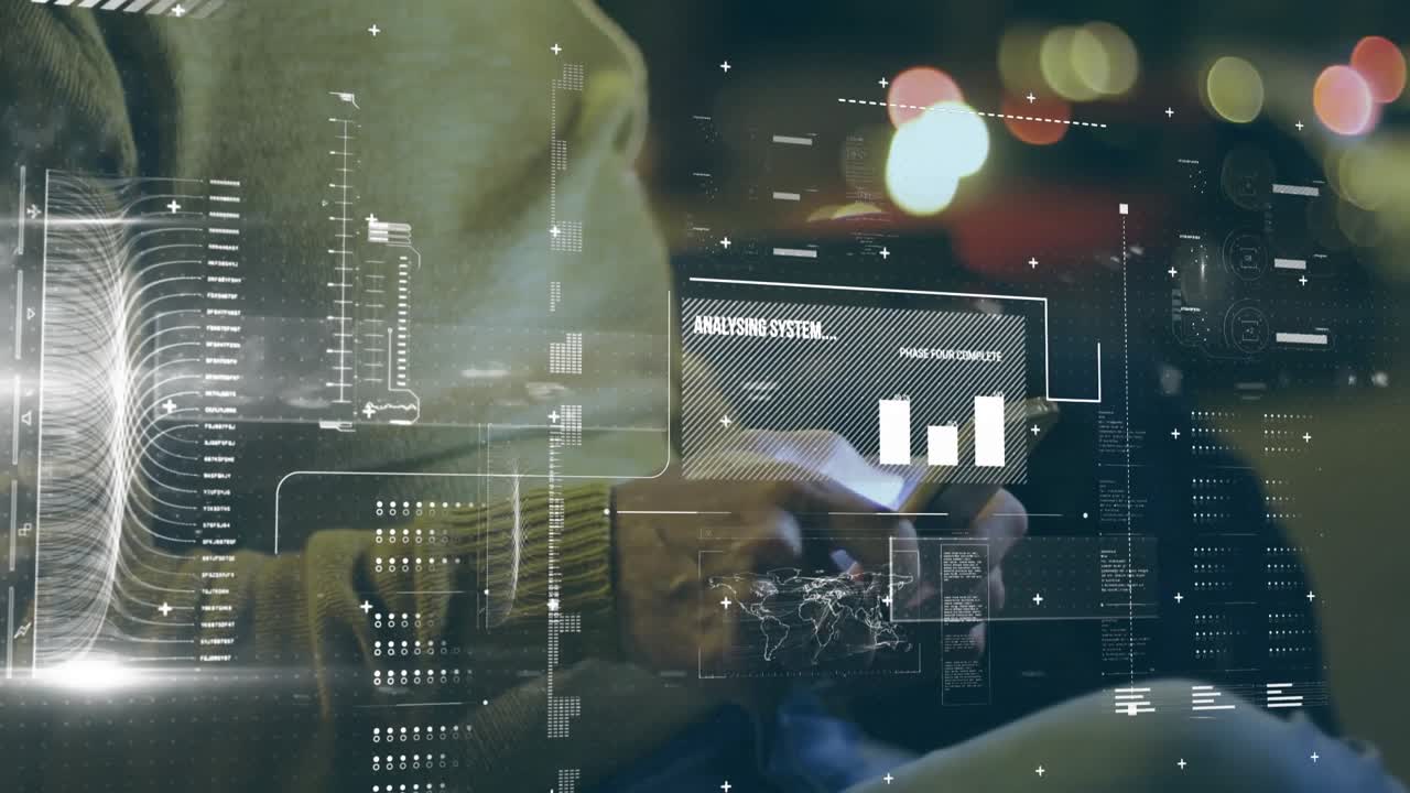 Mature man tapping smartphone and activating analysis overlay showing world map, chart bars, code