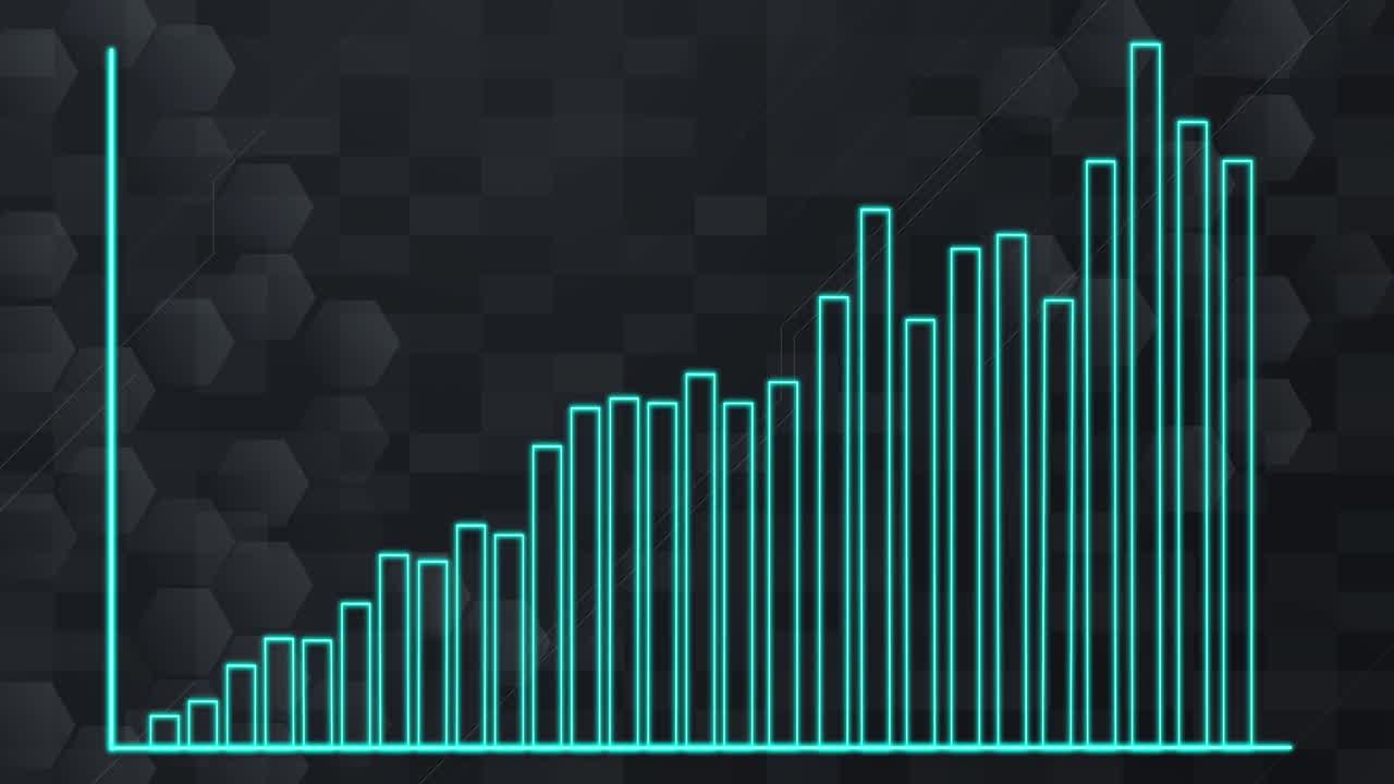 Neon blue bar graph animates upward on dark hexagonal grid, simulating financial or data growth