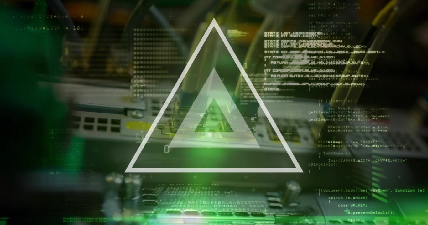 Animation of triangular shapes in seamless pattern against close up of a computer server
