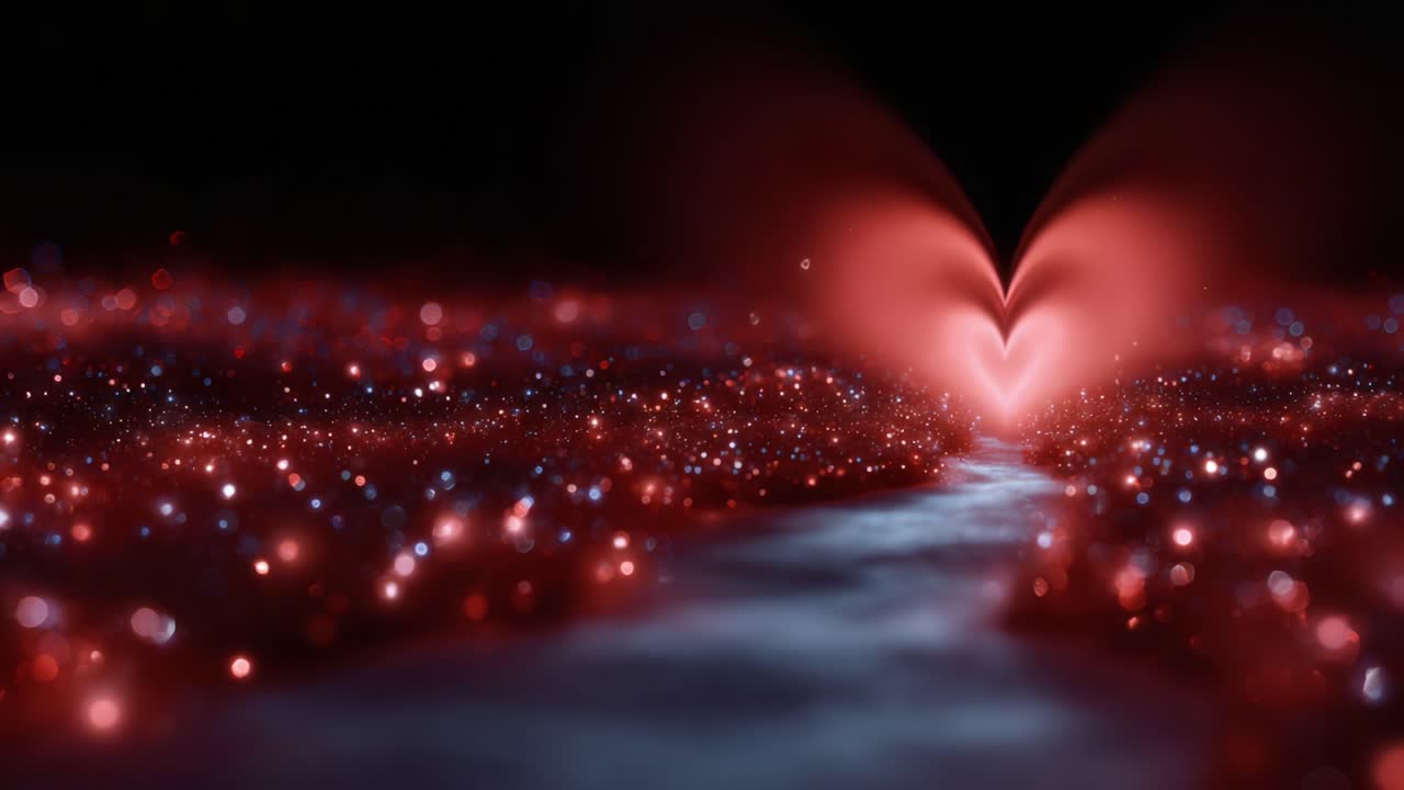 Un viaje fascinante a través de un paisaje resplandeciente de luces en forma de corazón, que fluyen como un río en una danza cósmica de amor y romance bajo un cielo estrellado.
