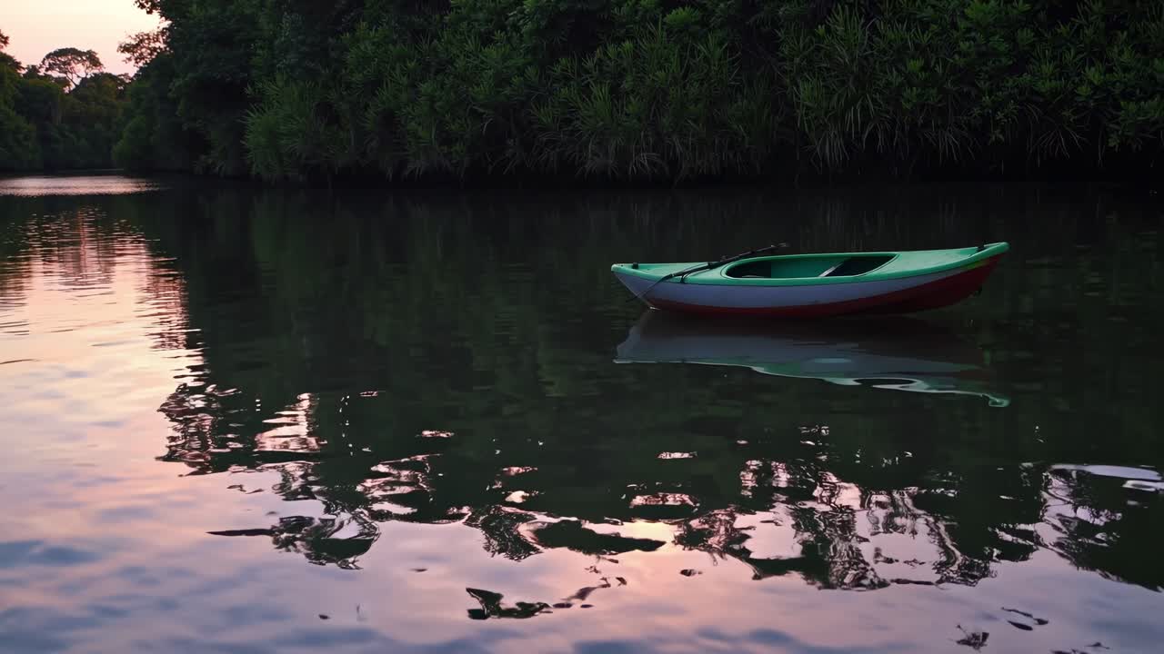 Tranquil scene of a green and red kayak gliding across calm waters, reflecting surrounding lush greenery and vibrant sunset hues, capturing serene nature moments