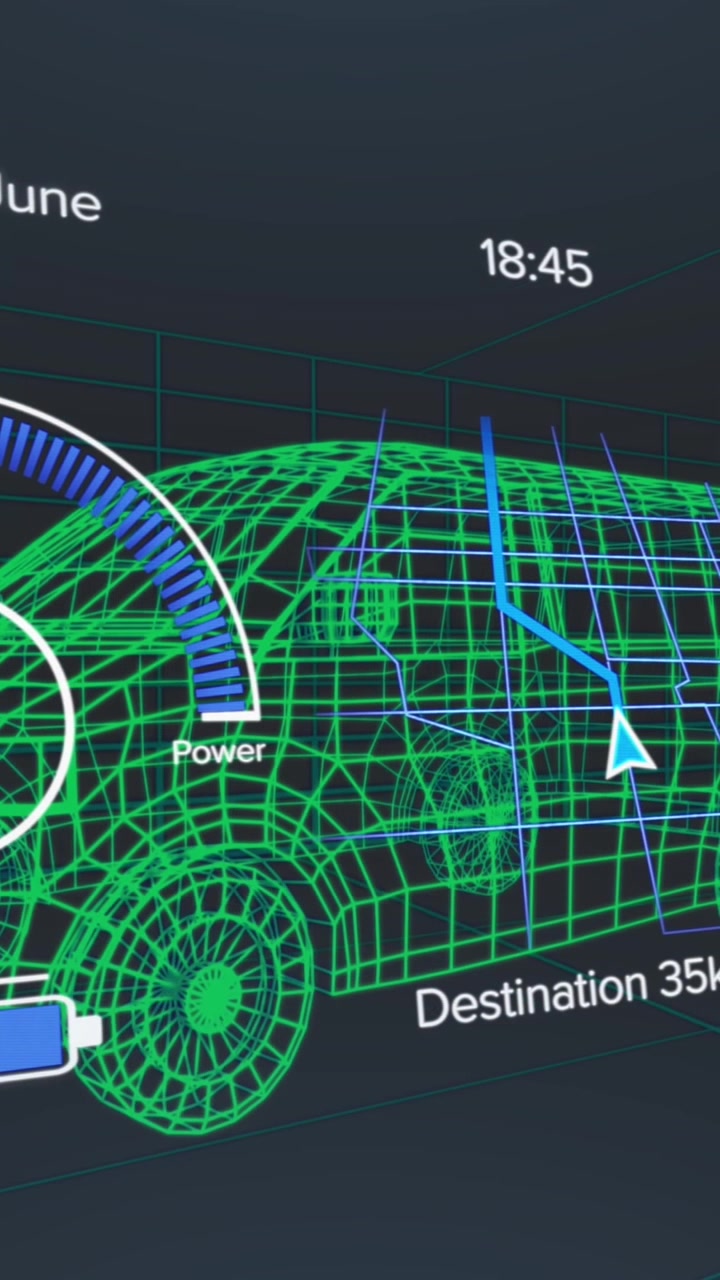 Анимация иконок электромобилей и обработки данных над 3D-изображением автомобиля.