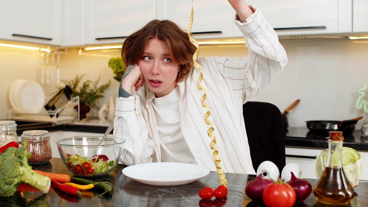 Ung kvinde er frustreret, mens hun tjekker målebåndet under sin slankekamp i hjemmekøkkenet, med en sund frokost.