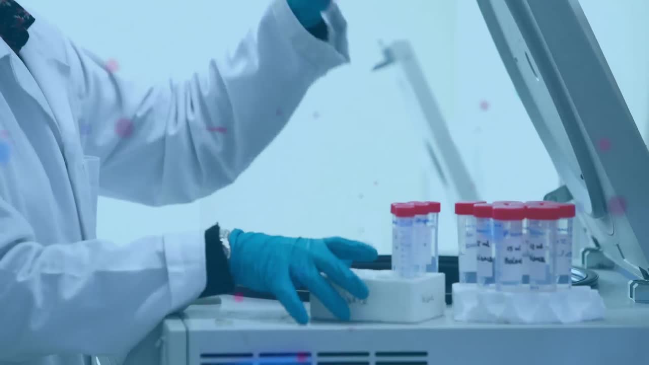 animación de manchas sobre un científico caucásico con tubos de ensayo