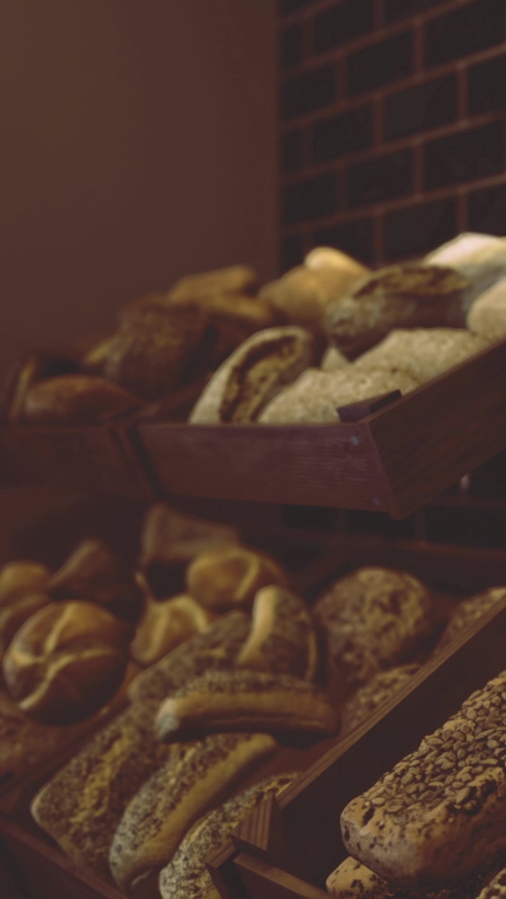 Freshly baked bread displayed on wooden shelves in a cozy bakery