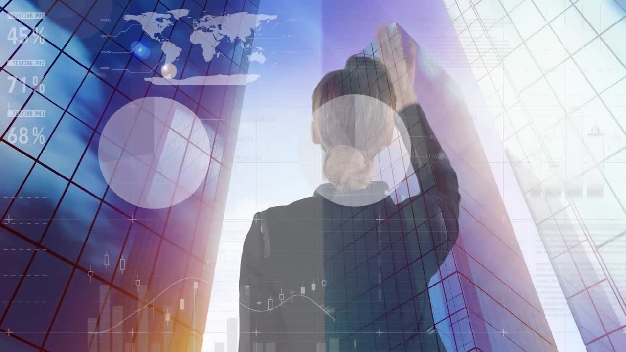 카우카스 여성과 마천루의 뒷면에서 세계 지도와 그래프의 애니메이션