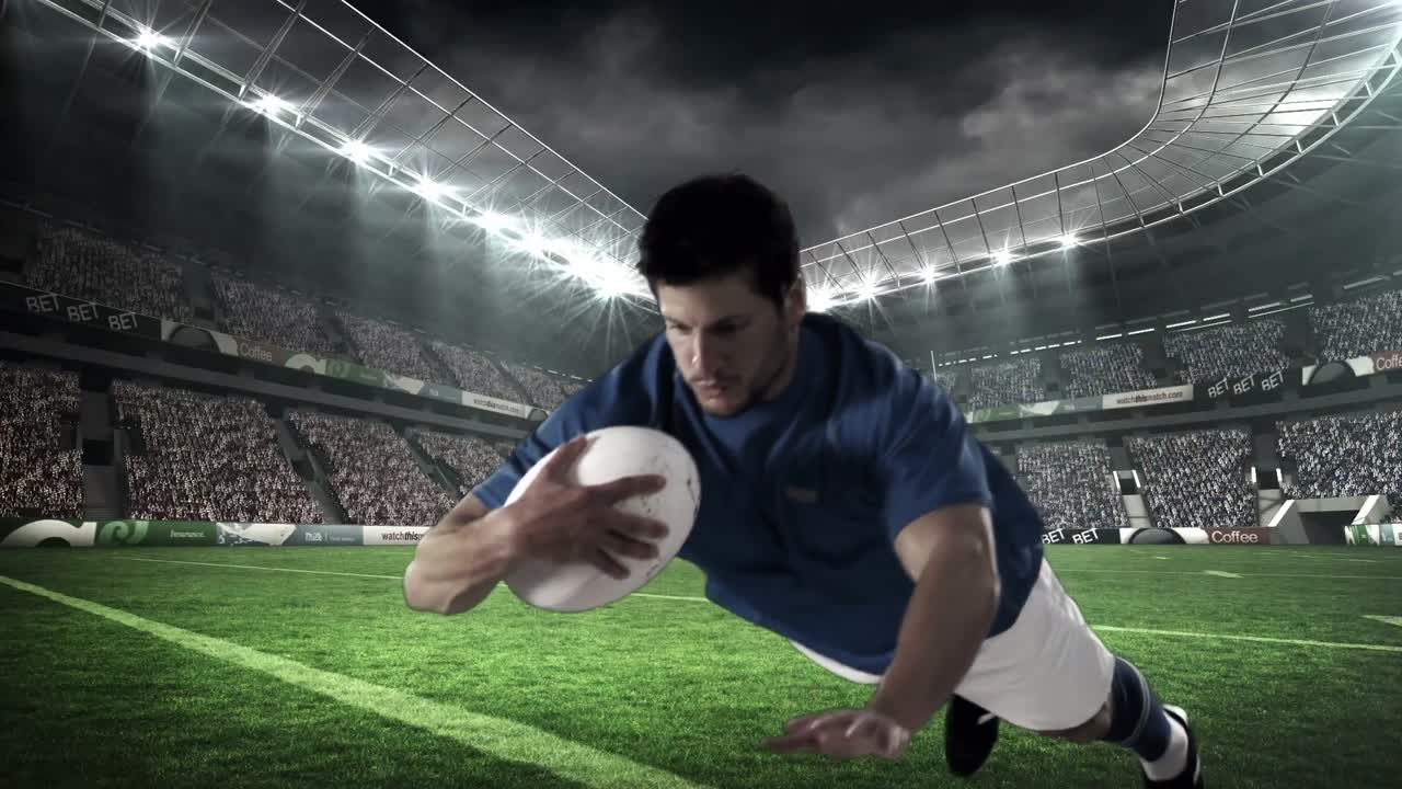 심각한 럭비 선수가 시도를 기록하고 있습니다.