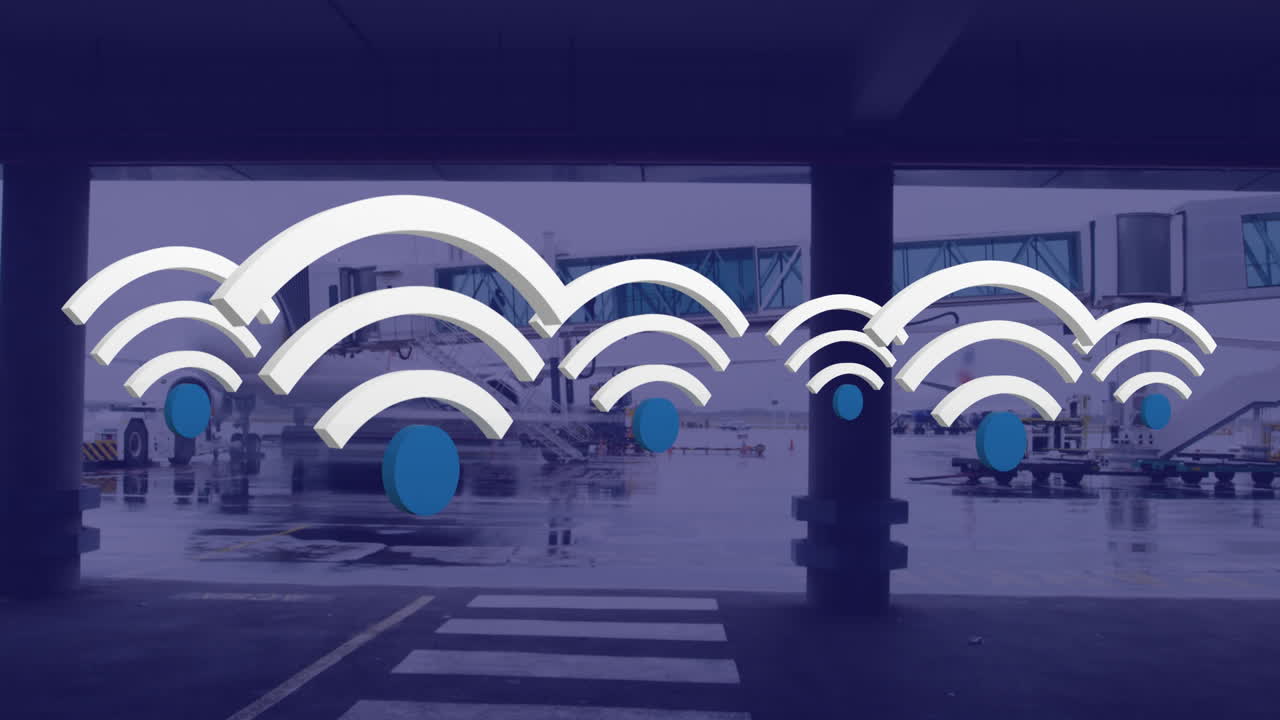 animación de iconos digitales wifi flotando sobre el aeropuerto
