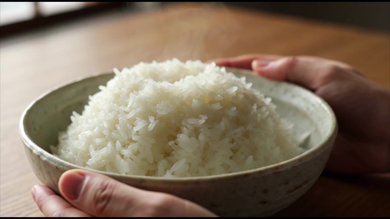 Mani che tengono una ciotola di riso bianco fumante.