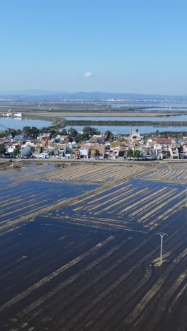 aerial view of a village adjacent to flooded rice paddies and a lake