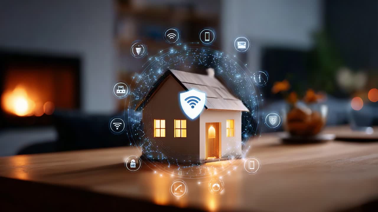 Exploring Smart Home Technology: A Visualization of Wi-Fi Protection and Connectivity for Modern Living Spaces with Digital Circles and Icons in the Background