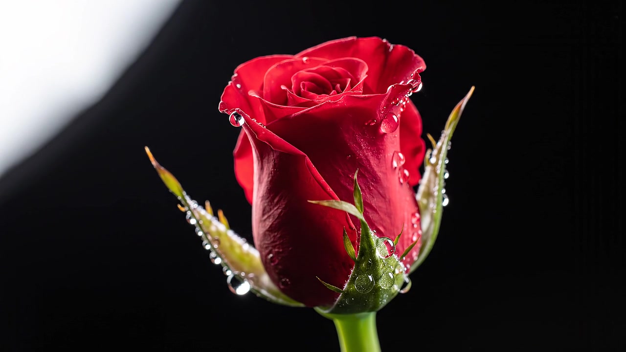 Bocciolo di rosa rosso vibrante con gocce di rugiada su sfondo nero