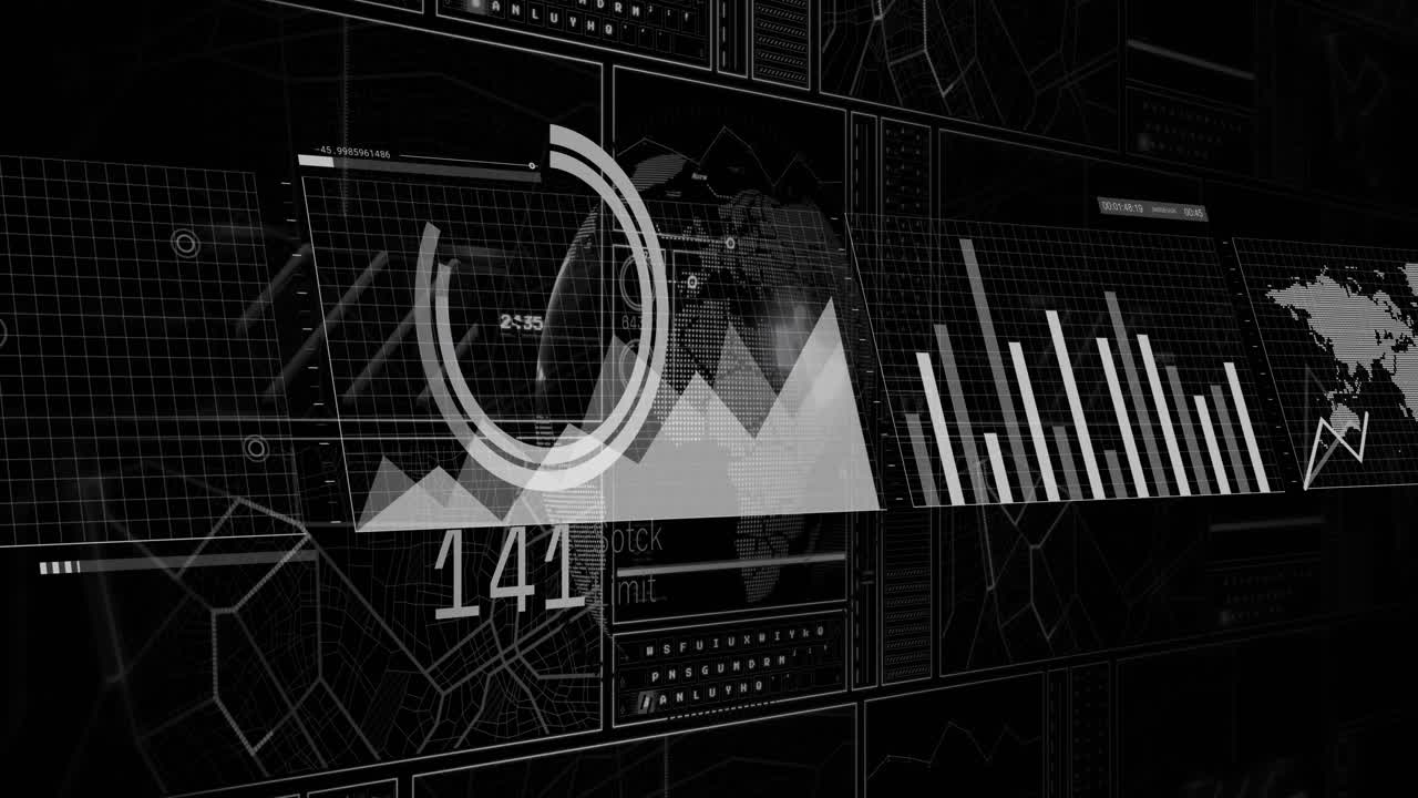 Animation of financial data processing and statistics over black background