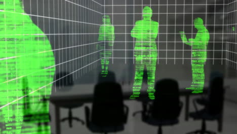 animation of data processing and green glowing business people in silhouette