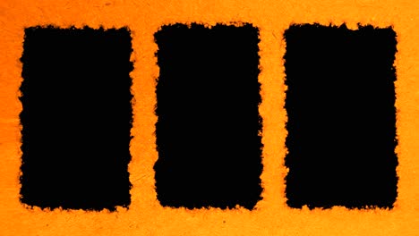 three vertical black boxes for video or image in video with orange red textured paper background, ready for luma key