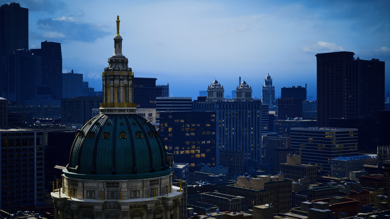 City skyline with a historic dome at dusk in a busy urban area