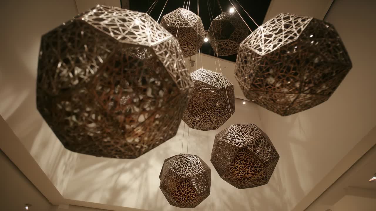 Camera tilting upward revealing bronze openwork polyhedrons in gallery, with wires casting shadows