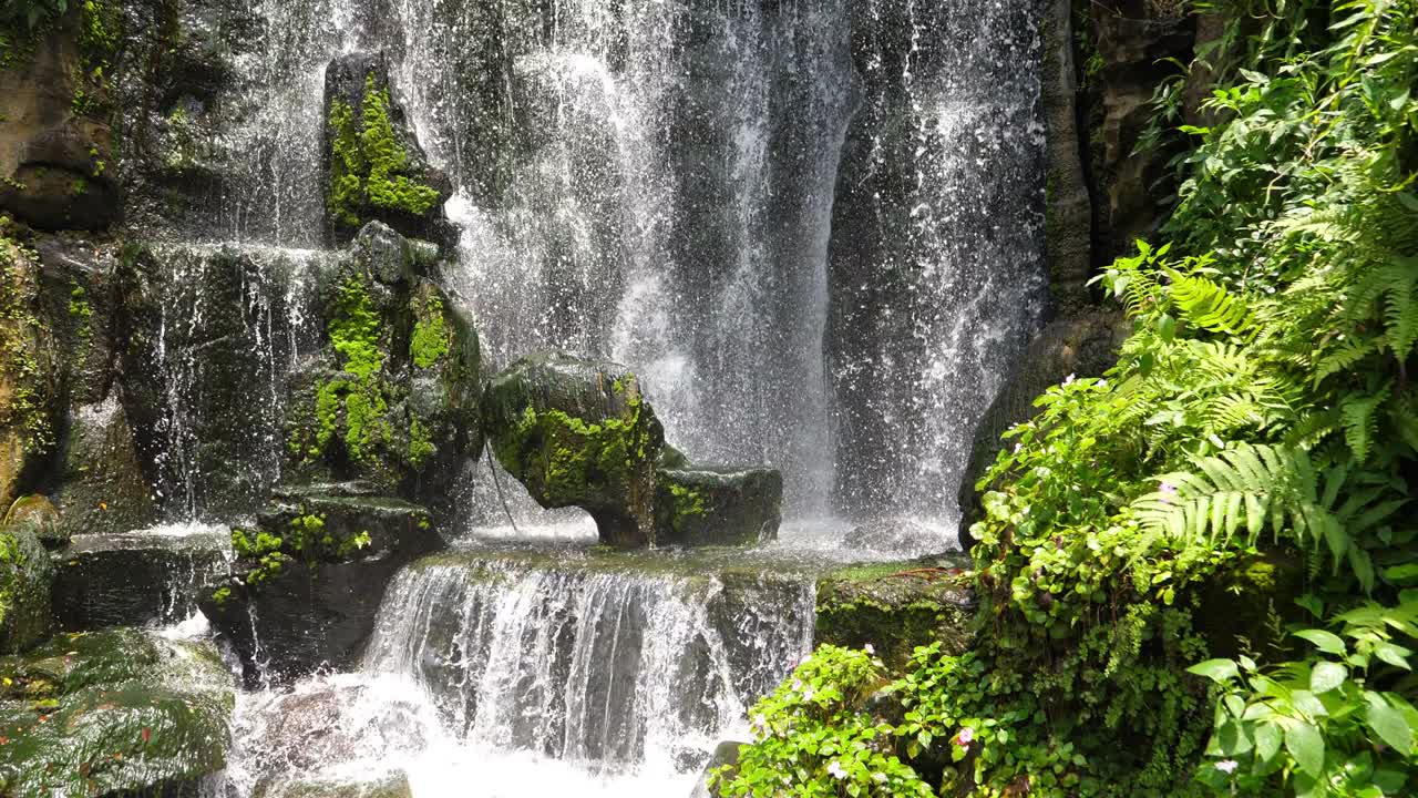naturaleza panorámica de hermosas cascadas hojas de plantas verdes y estanque de agua dulce