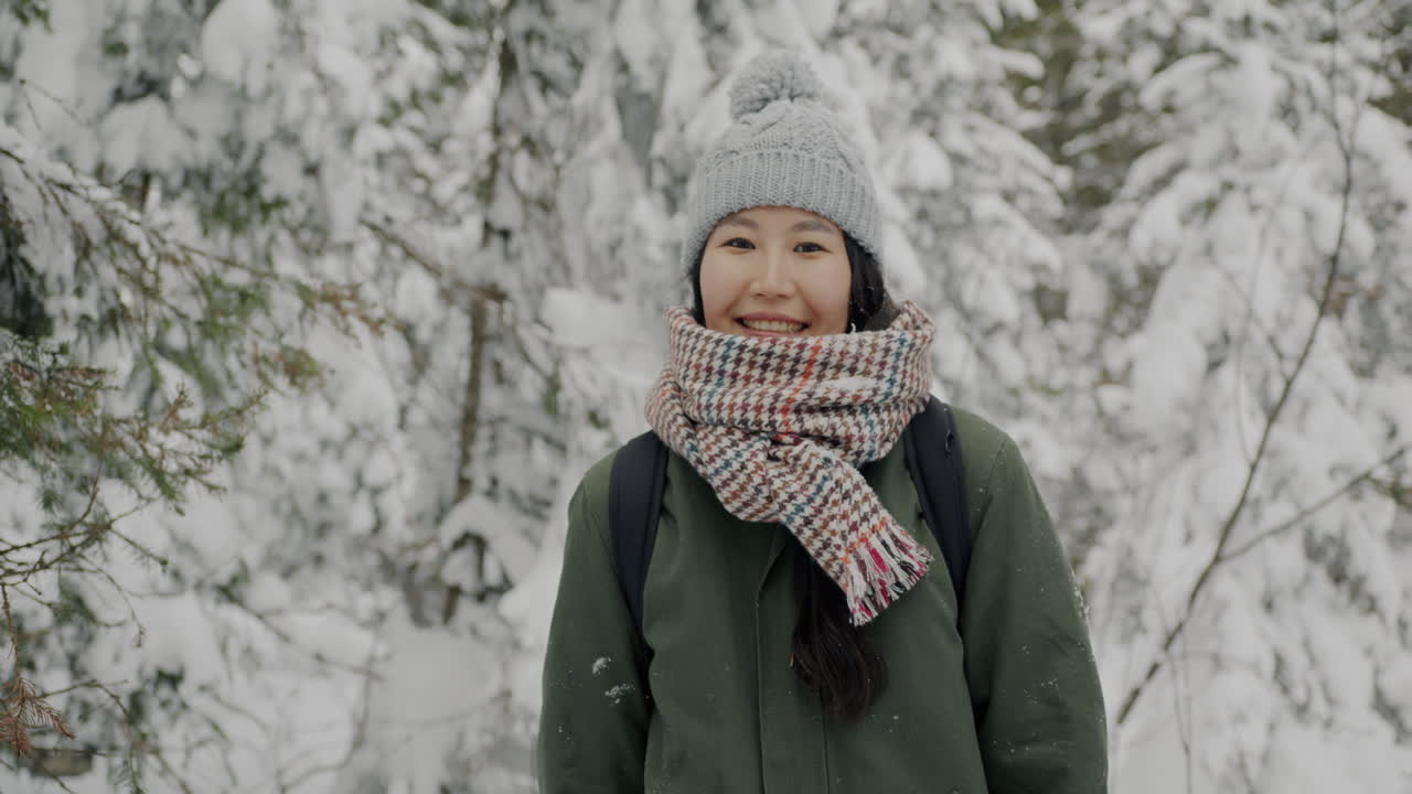 Smiling Woman in Winter Forest