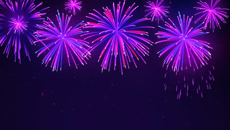 fuegos artificiales coloridos en un fondo azul oscuro. fuegos artificials brillantes en el cielo nocturno con estrellas. hermoso cielo festivo para un diseño brillante. fondo animado, bucle sin costuras