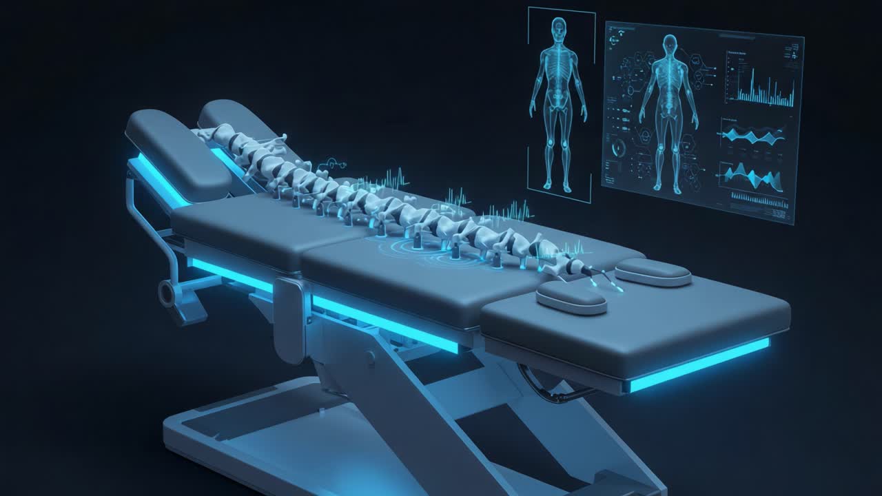 Advanced Medical Examination Table with a Futuristic Interface Featuring a 3D Representation of the Spine and Vital Health Data Analysis for Comprehensive Health Assessments