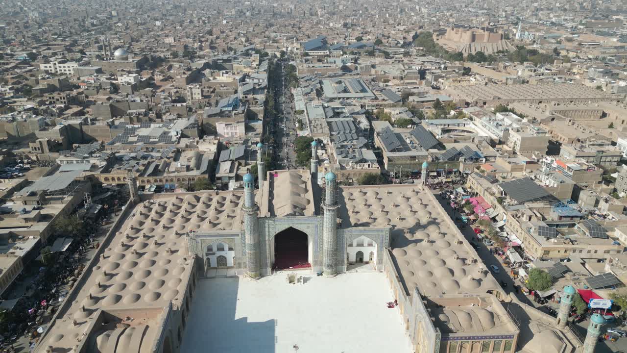 Aerial view of Herat City Citadel Great Mosque University Streets of Afghanistan
