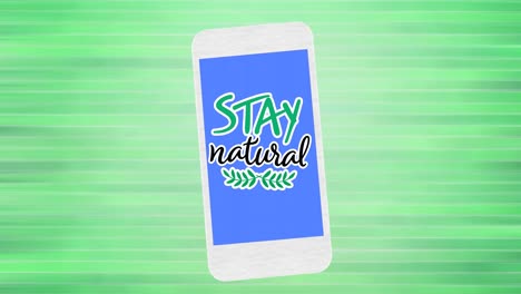 animación de texto natural y logotipo de hoja en la pantalla azul del teléfono inteligente, sobre fondo verde