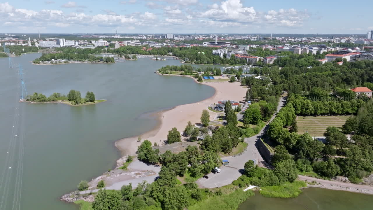 Panoramic drone shot around the Hietaniemi beach, sunny, summer day in Helsinki