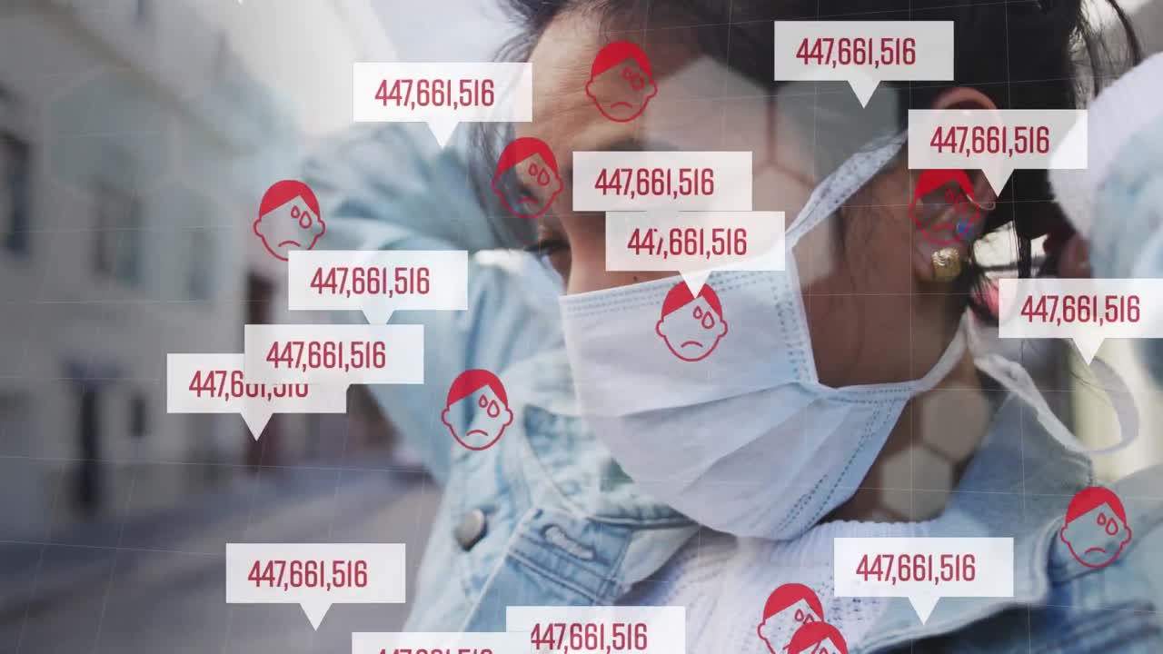 거리에서 마스크를 쓰고 있는 여성의 애니메이션.  ⁇ 은 거품의 연설 위에 숫자가 있습니다.