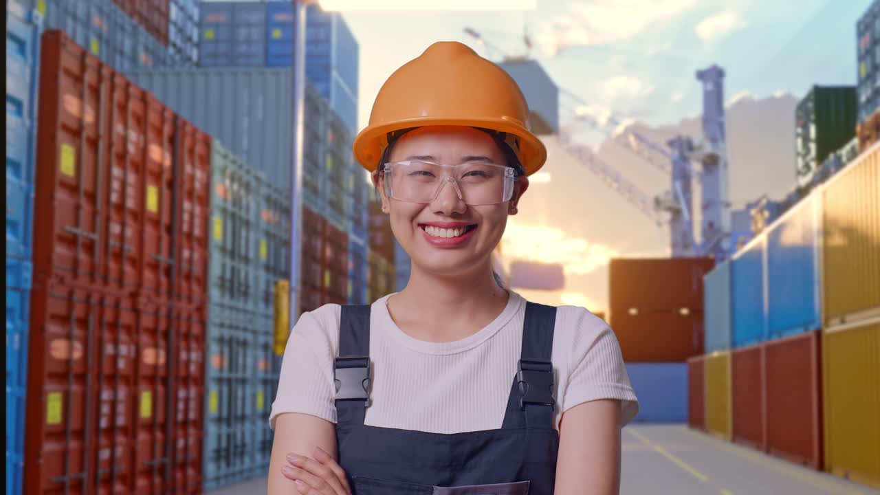 Close Up Of Asian Woman Worker Wearing Goggles And Safety Helmet Smiling And Crossing Her Arms While Standing At Container Yard Warehouse