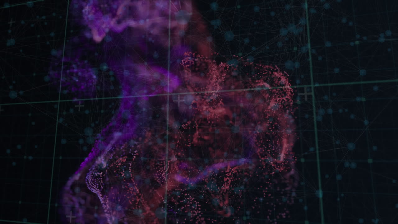 Animation of gradient digital wave and network of connections against black background