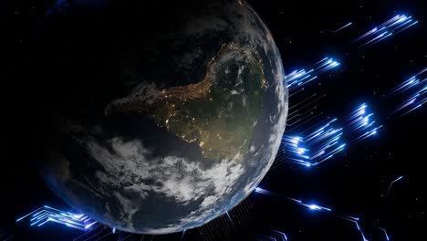 planet earth with visible south america at night and glowing blue digital arrows in outer space. 3d render representing global data transmission, cyber communication and digital infrastructure