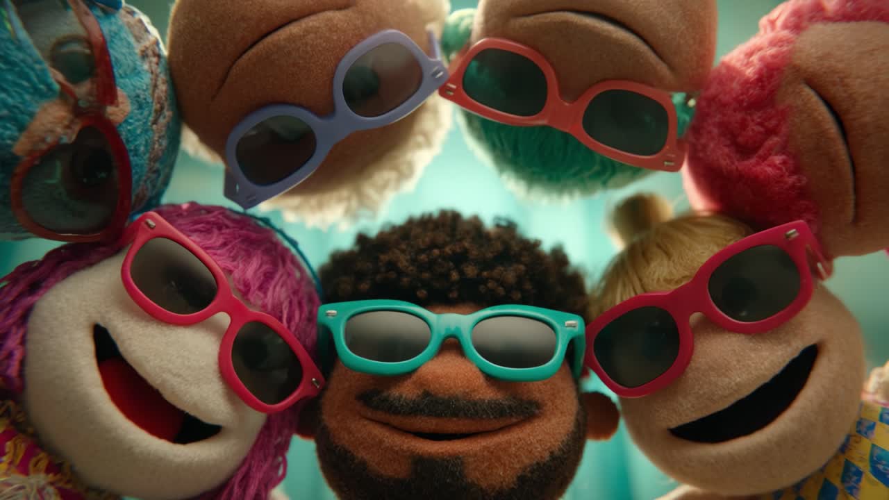 A joyful celebration of friendship and fun as plush characters come together, all wearing stylish sunglasses and displaying cheerful expressions in a vibrant, colorful scene
