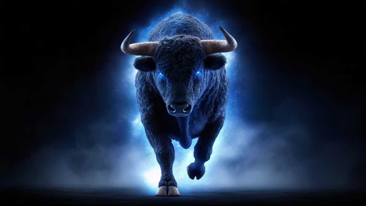 A Majestic Bull Emerging from Ethereal Mist with Glowing Blue Eyes, Symbolizing Power and Strength in a Dramatic Cosmic Scene