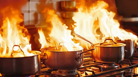 a stove top with pots and pans on fire in a kitchen